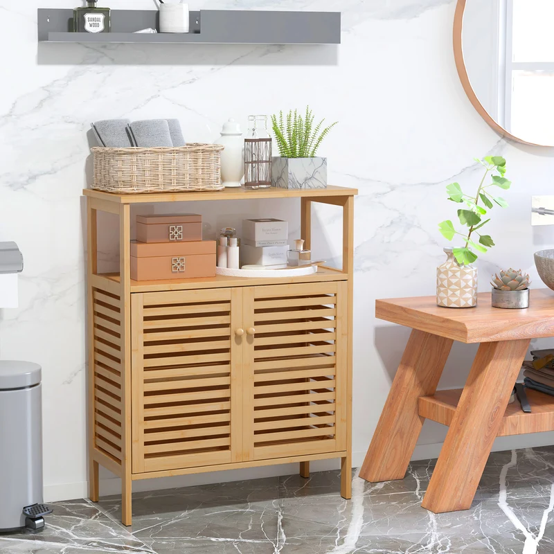 Bamboo Bathroom Storage Cabinet, Shutter Doors, Natural