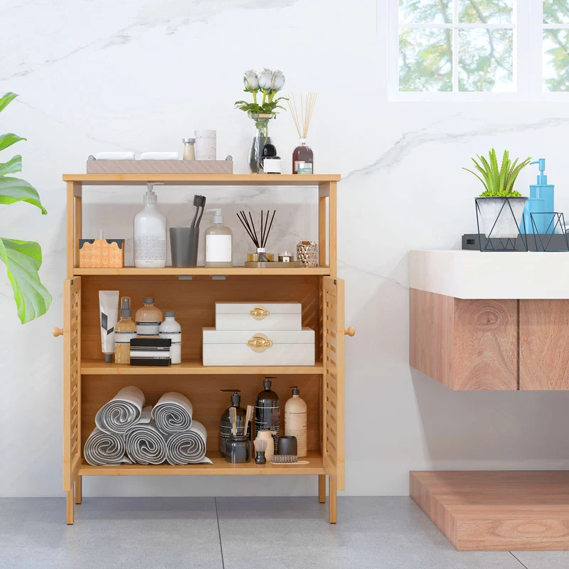 Bamboo Bathroom Storage Cabinet, Shutter Doors, Natural