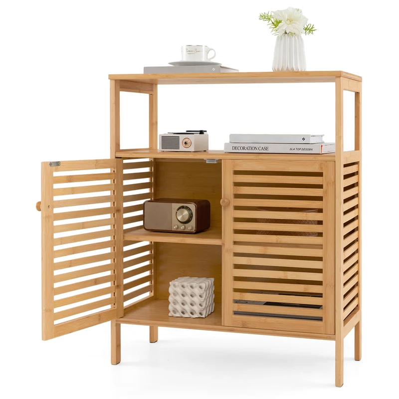 Bamboo Bathroom Storage Cabinet, Shutter Doors, Natural