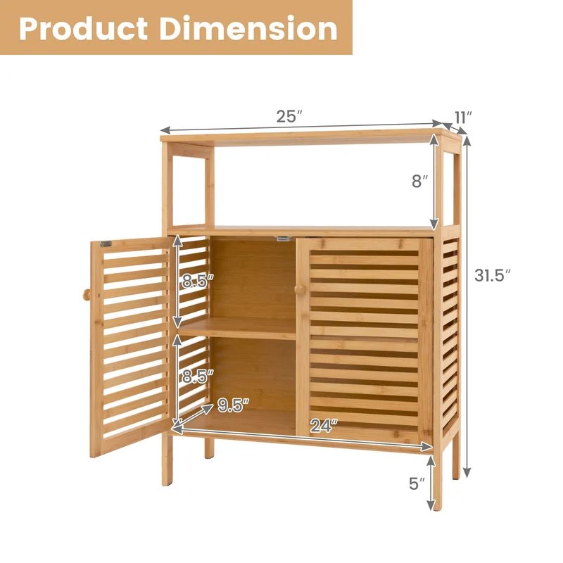 Bamboo Bathroom Storage Cabinet, Shutter Doors, Natural