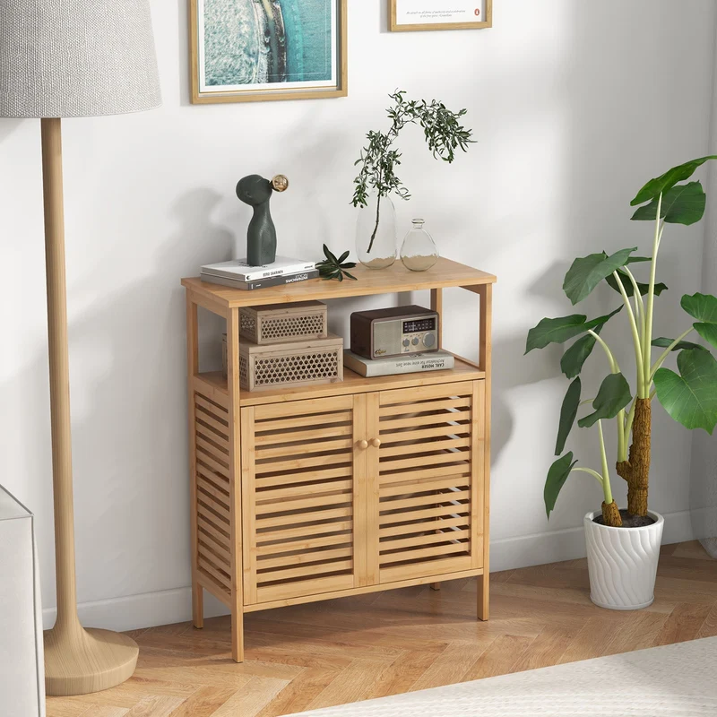 Bamboo Bathroom Storage Cabinet, Shutter Doors, Natural