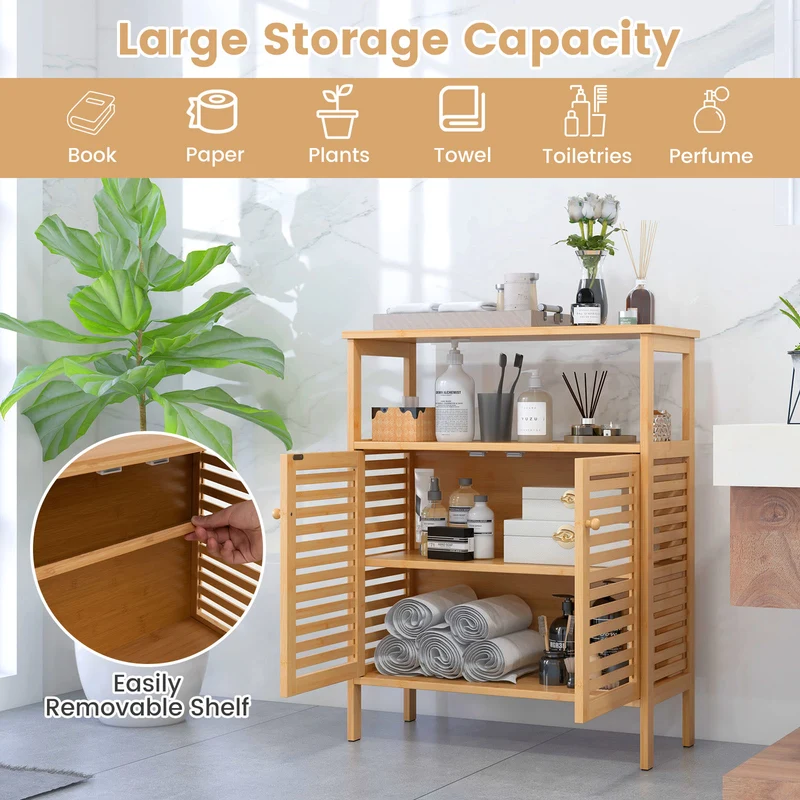 Bamboo Bathroom Storage Cabinet, Shutter Doors, Natural