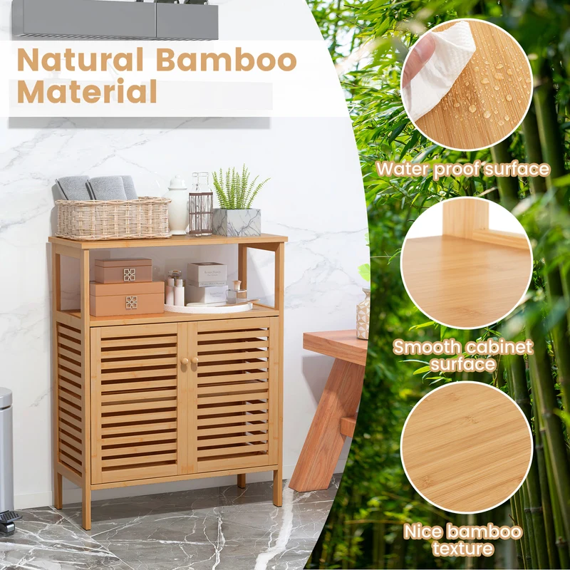 Bamboo Bathroom Storage Cabinet, Shutter Doors, Natural