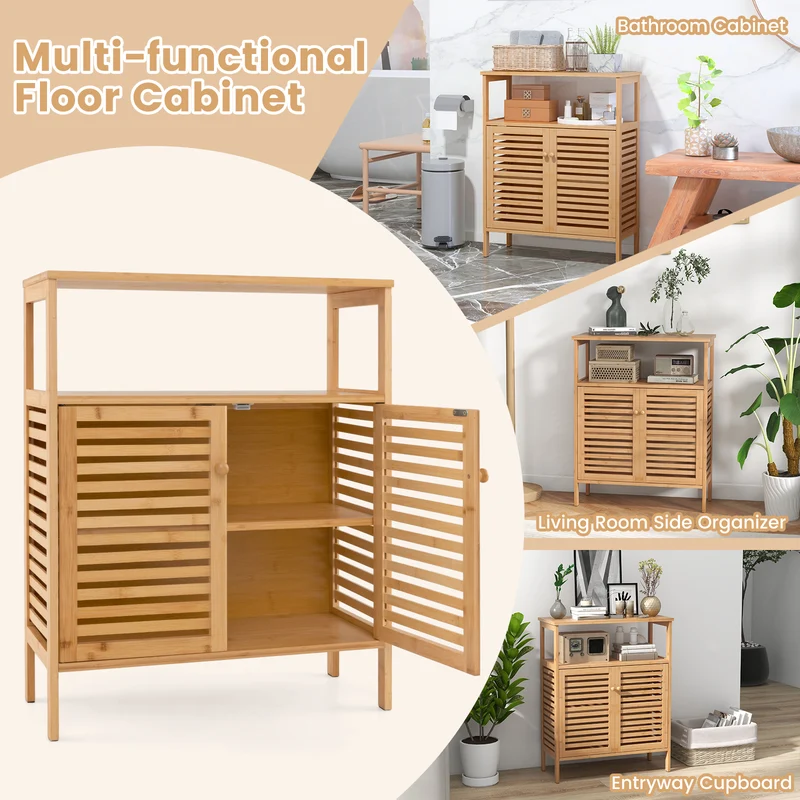 Bamboo Bathroom Storage Cabinet, Shutter Doors, Natural