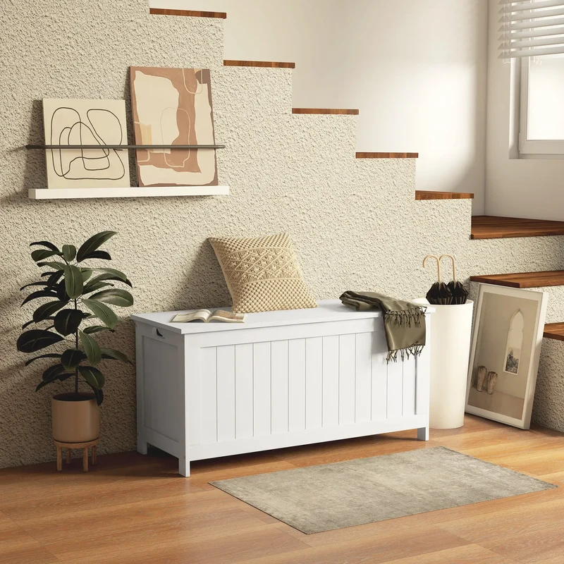 White Storage Trunk with Safety Hinges, Entryway Bench, Side Handles, White