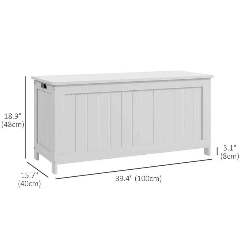 White Storage Trunk with Safety Hinges, Entryway Bench, Side Handles, White