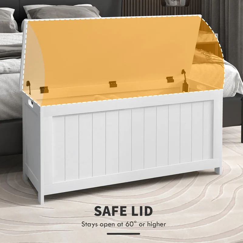 White Storage Trunk with Safety Hinges, Entryway Bench, Side Handles, White