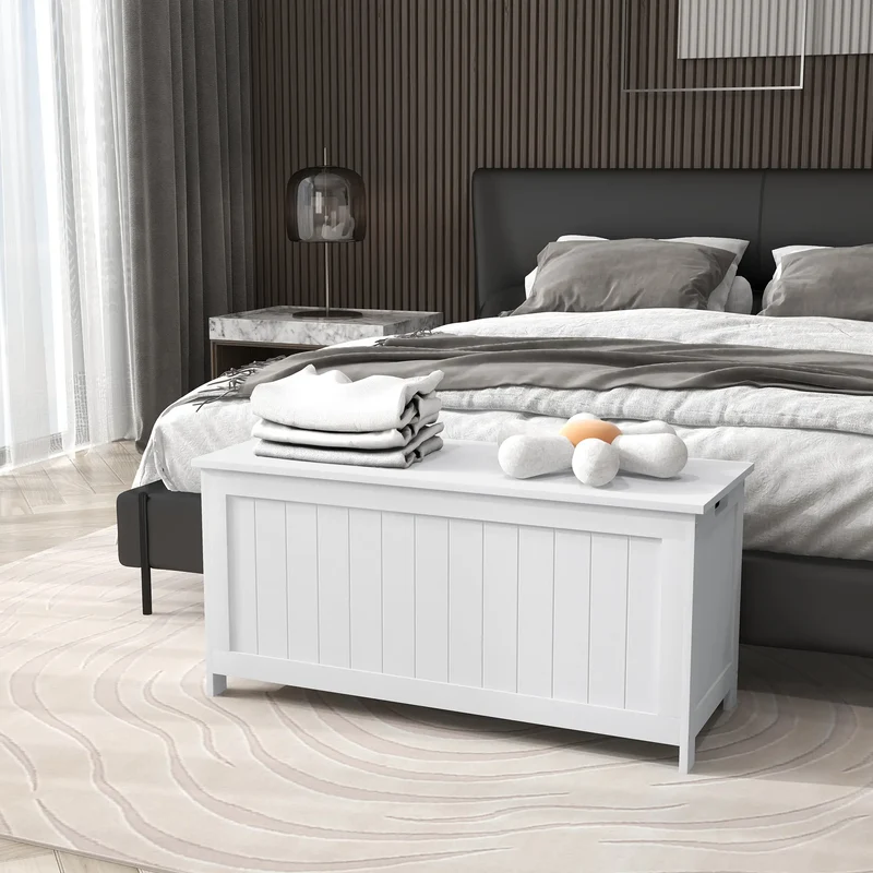 White Storage Trunk with Safety Hinges, Entryway Bench, Side Handles, White