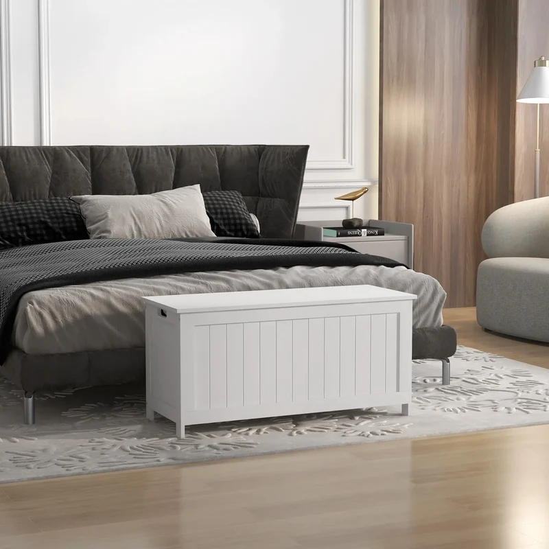 White Storage Trunk with Safety Hinges, Entryway Bench, Side Handles, White