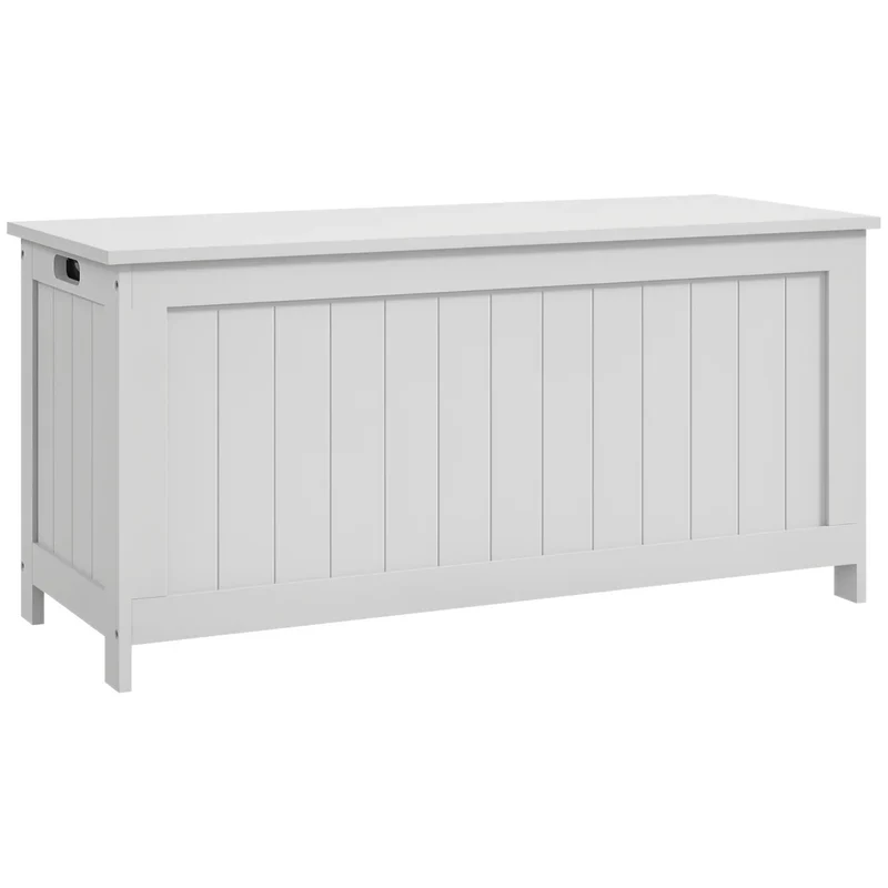 White Storage Trunk with Safety Hinges, Entryway Bench, Side Handles, White