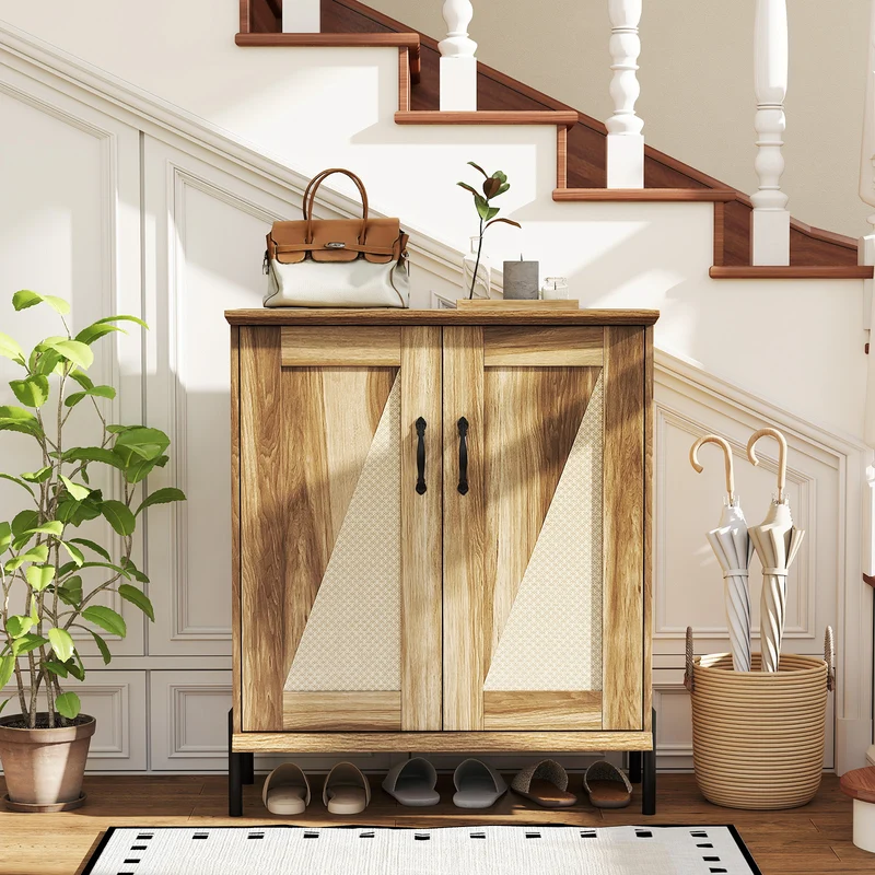 5-Tier Wooden Shoe Cabinet, Woven Rattan Doors, Natural