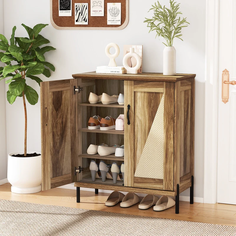 5-Tier Wooden Shoe Cabinet, Woven Rattan Doors, Natural