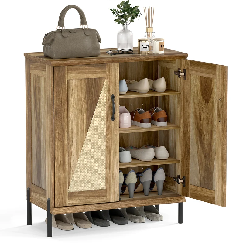 5-Tier Wooden Shoe Cabinet, Woven Rattan Doors, Natural