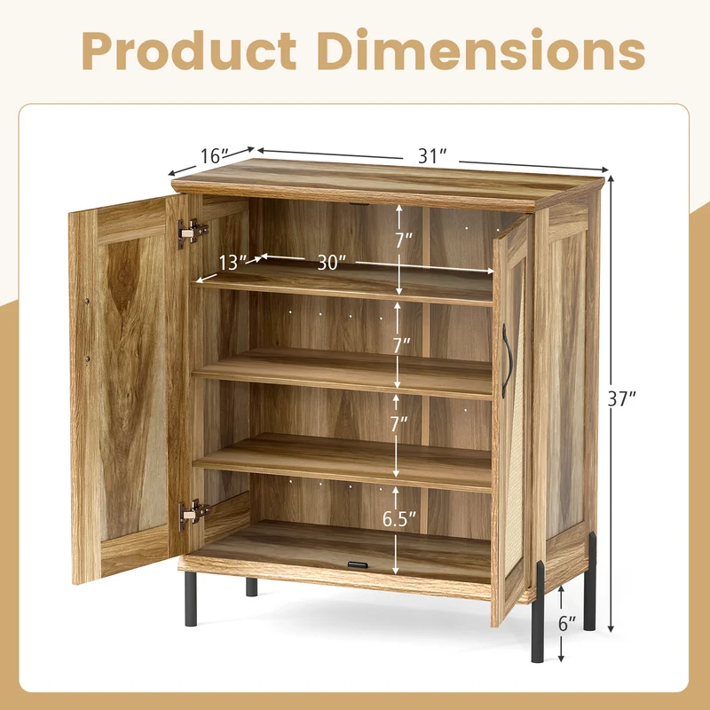 5-Tier Wooden Shoe Cabinet, Woven Rattan Doors, Natural