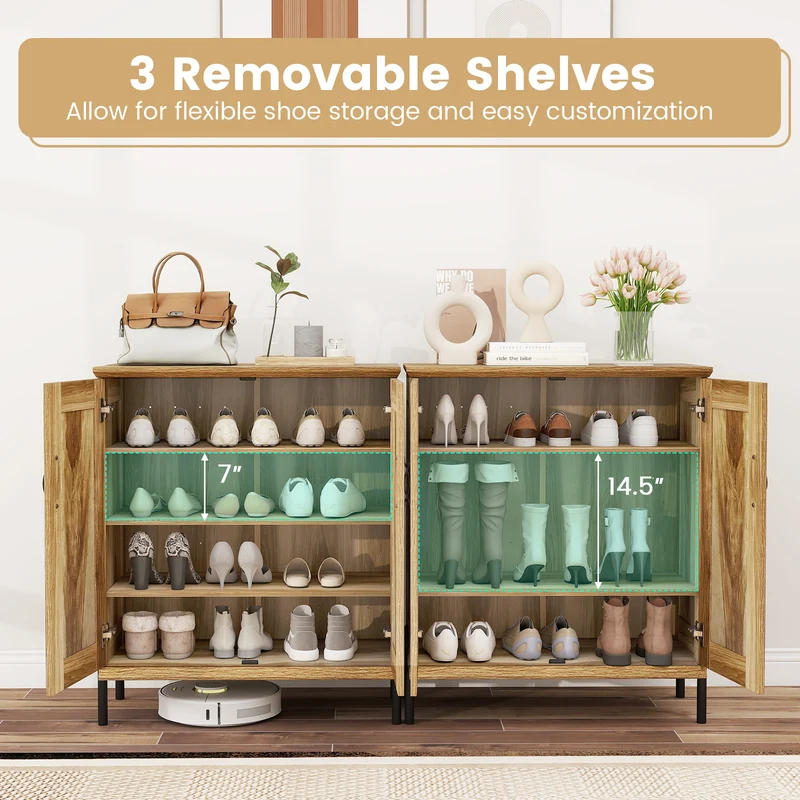 5-Tier Wooden Shoe Cabinet, Woven Rattan Doors, Natural