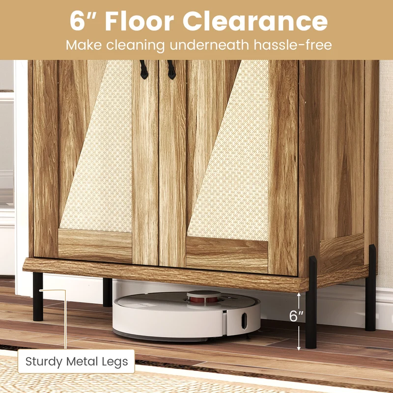 5-Tier Wooden Shoe Cabinet, Woven Rattan Doors, Natural