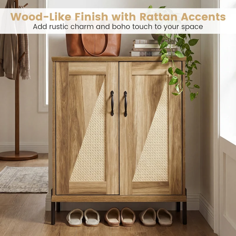 5-Tier Wooden Shoe Cabinet, Woven Rattan Doors, Natural