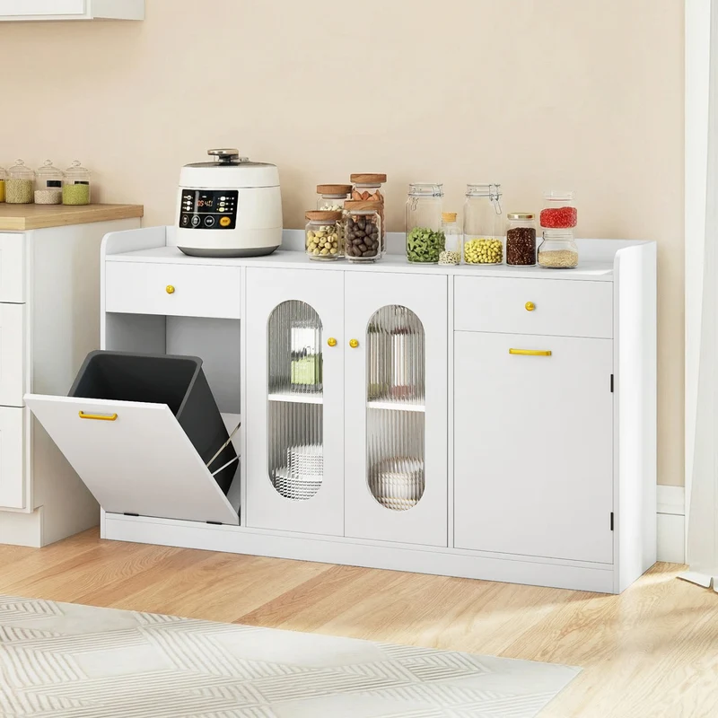 Large Buffet Cabinet, Hidden Tilt Out Trash Can, 2 Glass Doors, White