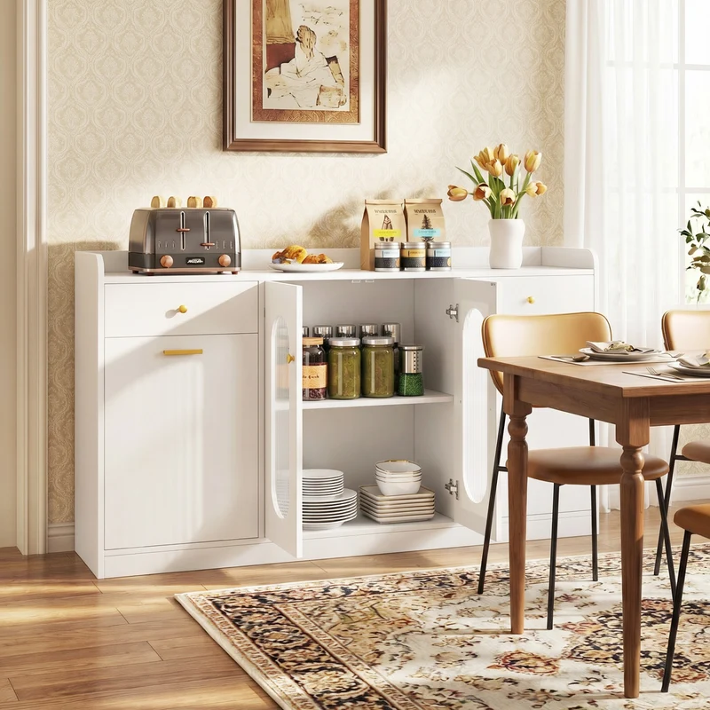 Large Buffet Cabinet, Hidden Tilt Out Trash Can, 2 Glass Doors, White