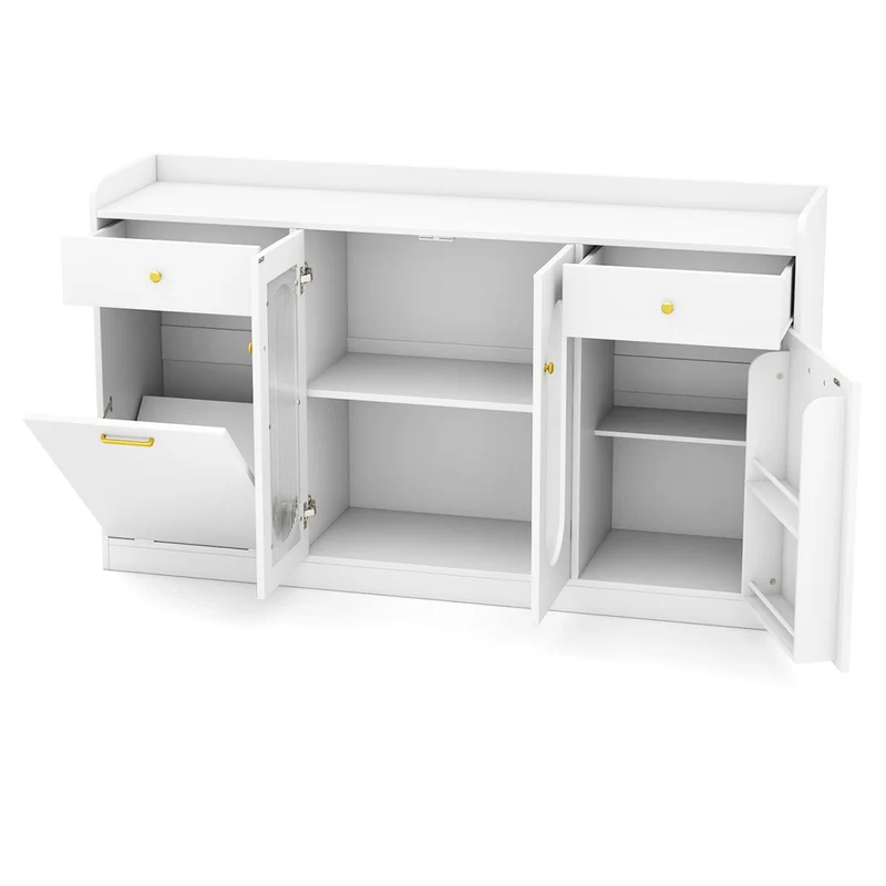 Large Buffet Cabinet, Hidden Tilt Out Trash Can, 2 Glass Doors, White