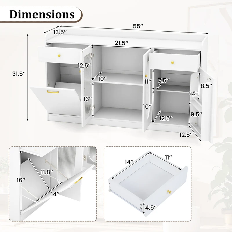 Large Buffet Cabinet, Hidden Tilt Out Trash Can, 2 Glass Doors, White