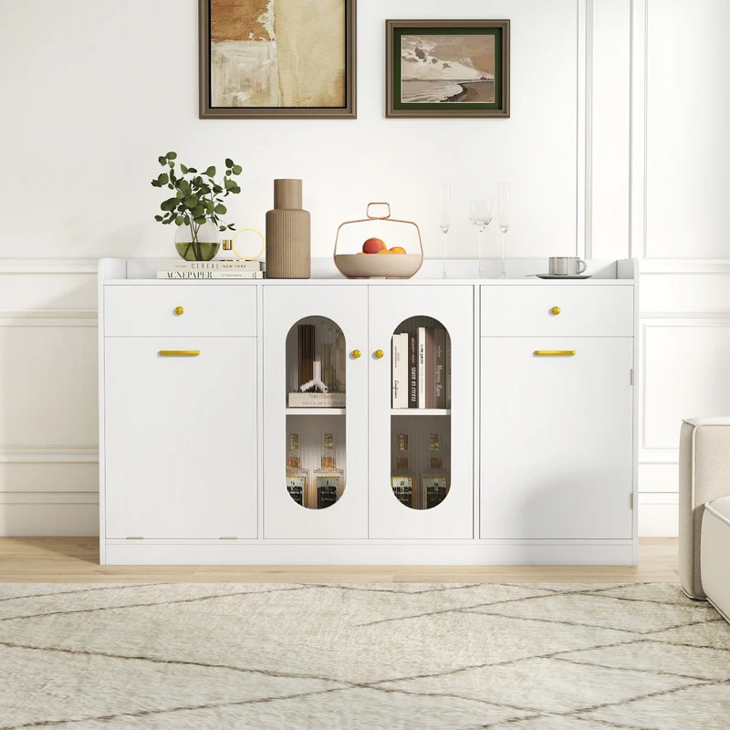 Large Buffet Cabinet, Hidden Tilt Out Trash Can, 2 Glass Doors, White