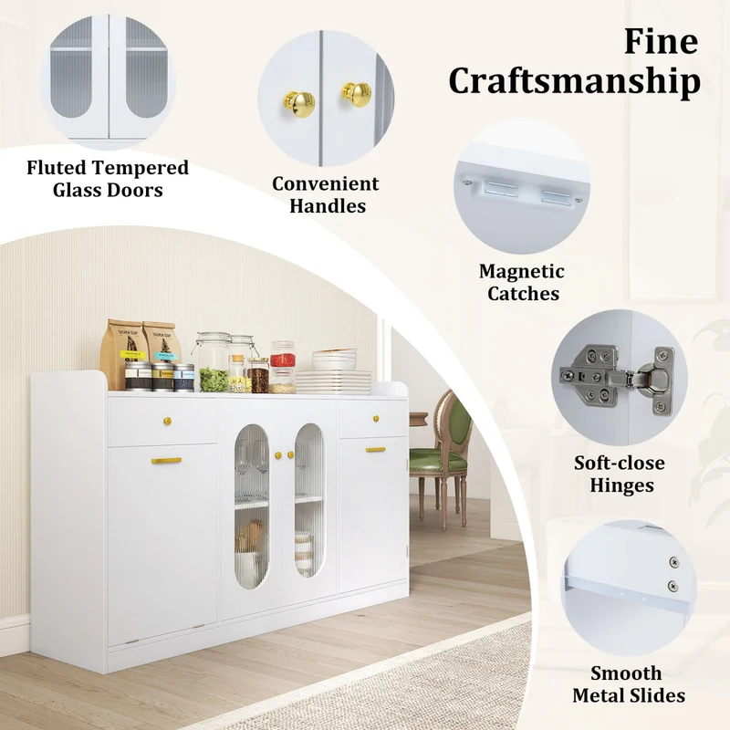Large Buffet Cabinet, Hidden Tilt Out Trash Can, 2 Glass Doors, White