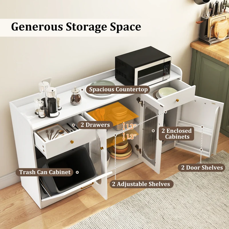 Large Buffet Cabinet, Hidden Tilt Out Trash Can, 2 Glass Doors, White