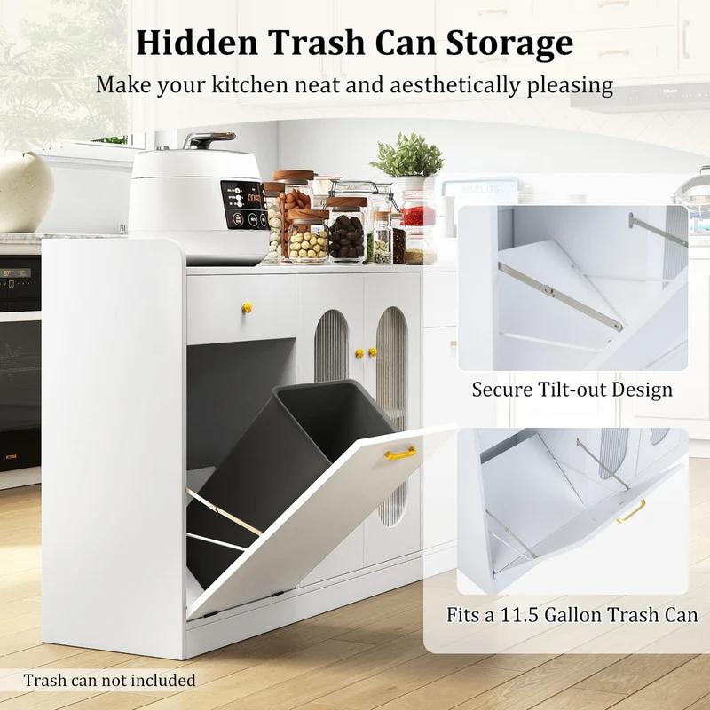 Large Buffet Cabinet, Hidden Tilt Out Trash Can, 2 Glass Doors, White