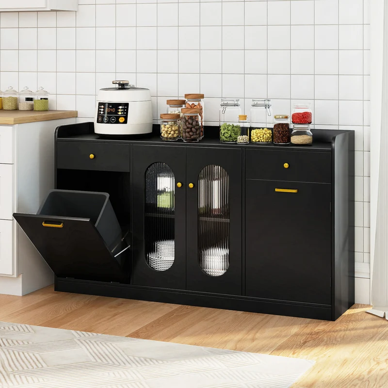 Large Buffet Cabinet, Hidden Tilt Out Trash Can, 2 Glass Doors, Black
