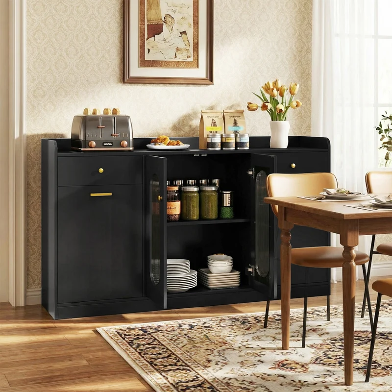 Large Buffet Cabinet, Hidden Tilt Out Trash Can, 2 Glass Doors, Black
