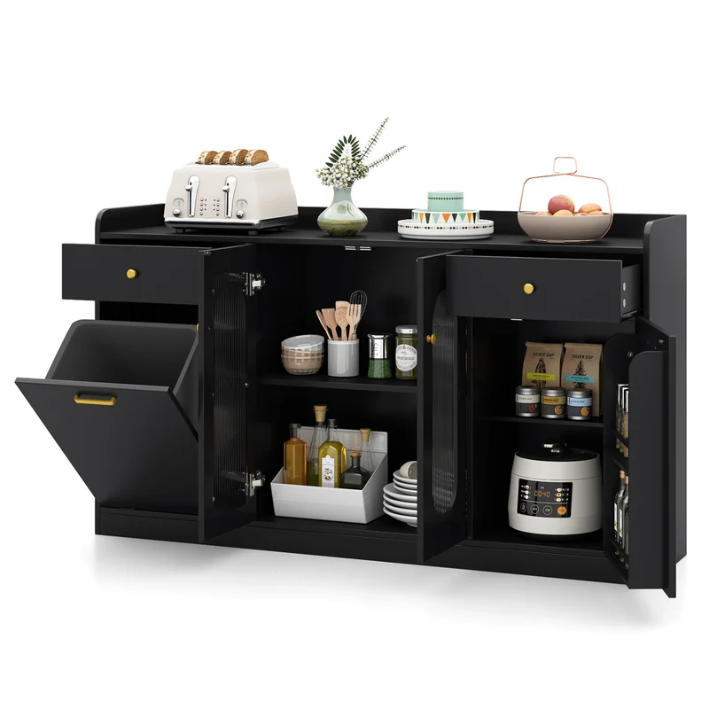 Large Buffet Cabinet, Hidden Tilt Out Trash Can, 2 Glass Doors, Black