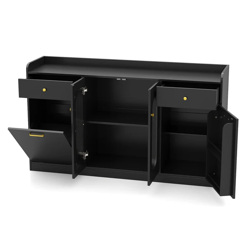 Large Buffet Cabinet, Hidden Tilt Out Trash Can, 2 Glass Doors, Black