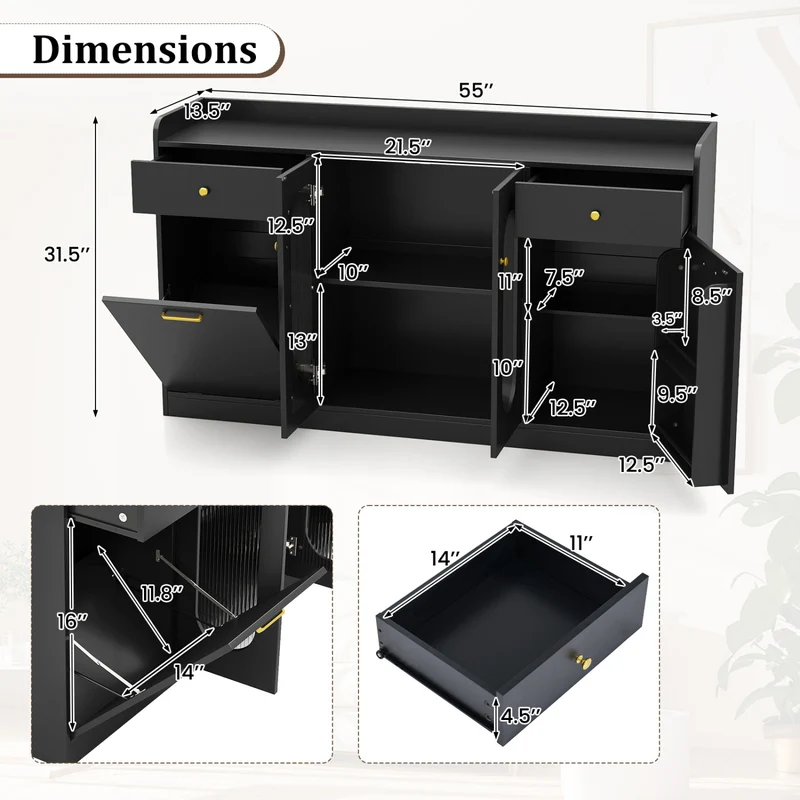 Large Buffet Cabinet, Hidden Tilt Out Trash Can, 2 Glass Doors, Black