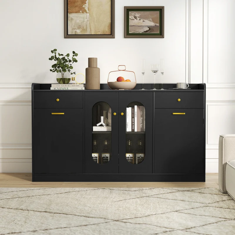 Large Buffet Cabinet, Hidden Tilt Out Trash Can, 2 Glass Doors, Black