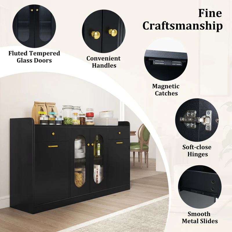Large Buffet Cabinet, Hidden Tilt Out Trash Can, 2 Glass Doors, Black