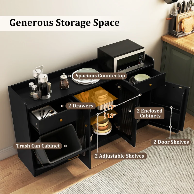 Large Buffet Cabinet, Hidden Tilt Out Trash Can, 2 Glass Doors, Black