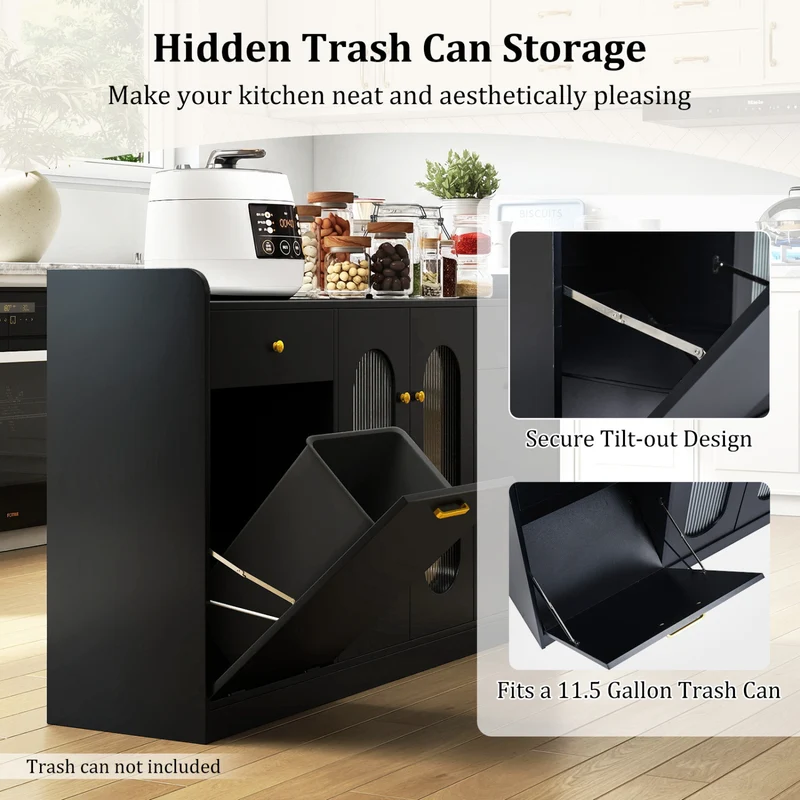 Large Buffet Cabinet, Hidden Tilt Out Trash Can, 2 Glass Doors, Black