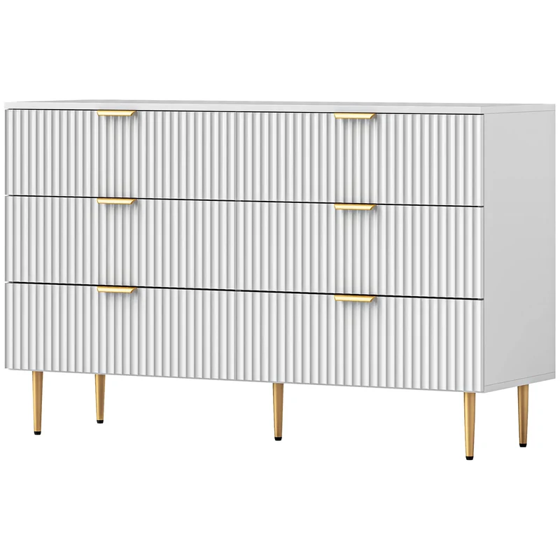 Modern 6 Drawer Dresser, Gold Legs and Handles, White