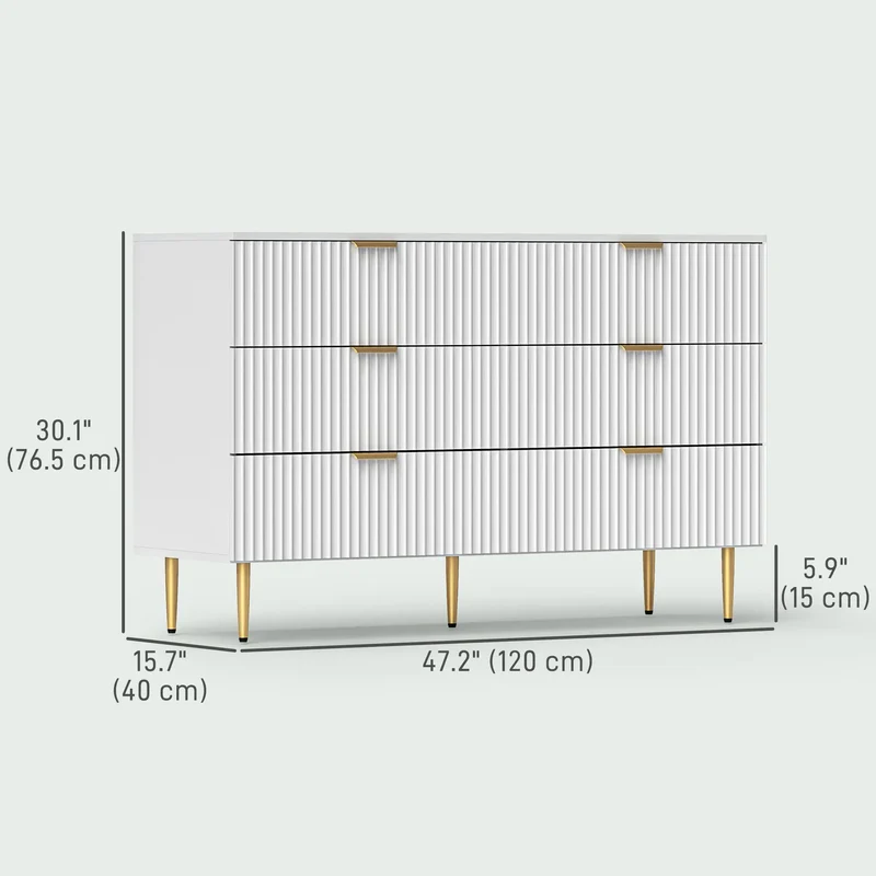 Modern 6 Drawer Dresser, Gold Legs and Handles, White