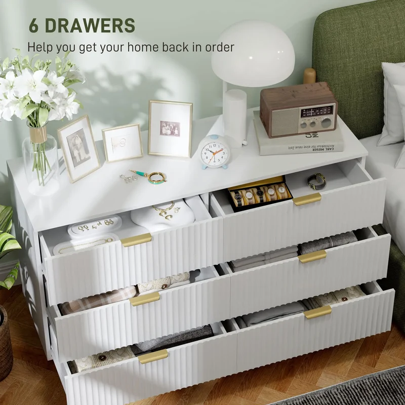 Modern 6 Drawer Dresser, Gold Legs and Handles, White