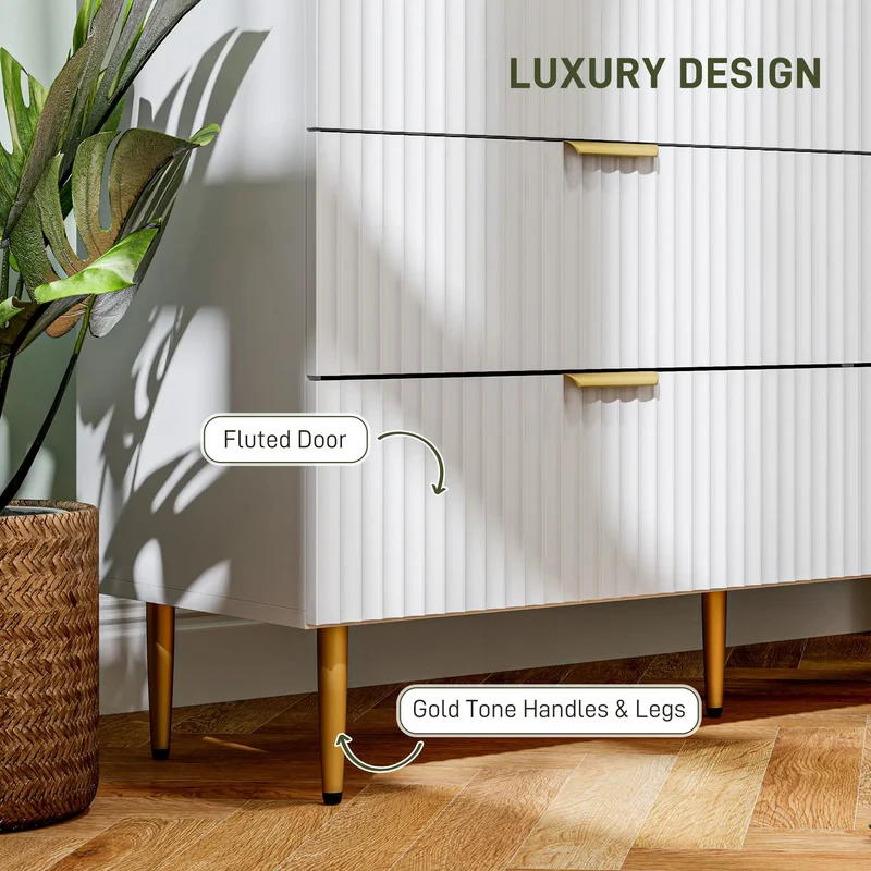 Modern 6 Drawer Dresser, Gold Legs and Handles, White