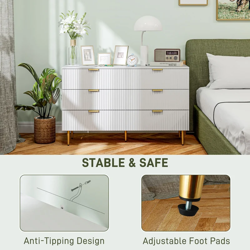 Modern 6 Drawer Dresser, Gold Legs and Handles, White