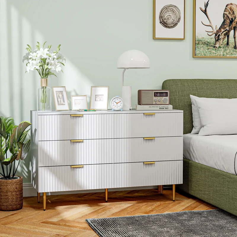 Modern 6 Drawer Dresser, Gold Legs and Handles, White