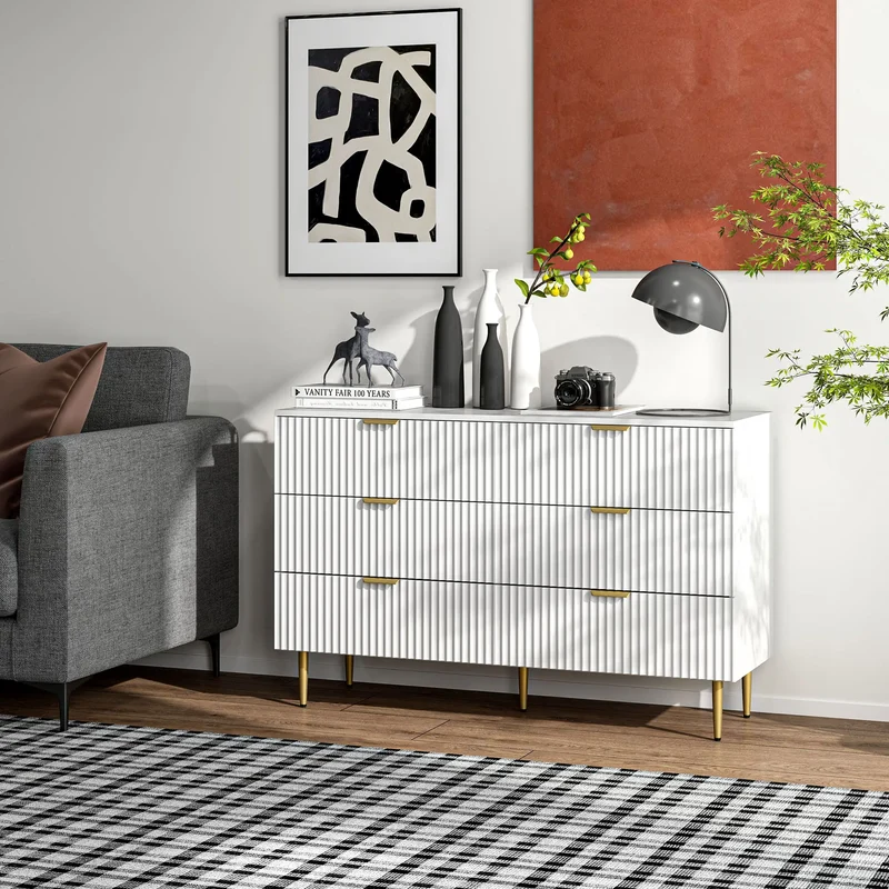 Modern 6 Drawer Dresser, Gold Legs and Handles, White