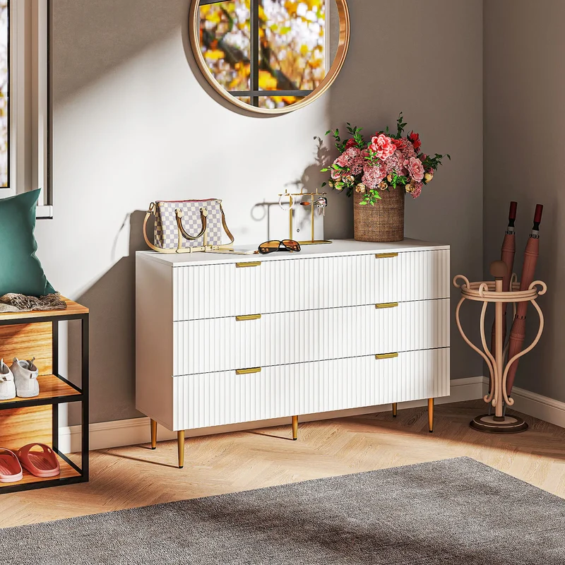 Modern 6 Drawer Dresser, Gold Legs and Handles, White