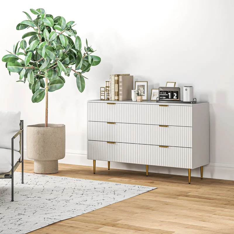 Modern 6 Drawer Dresser, Gold Legs and Handles, White