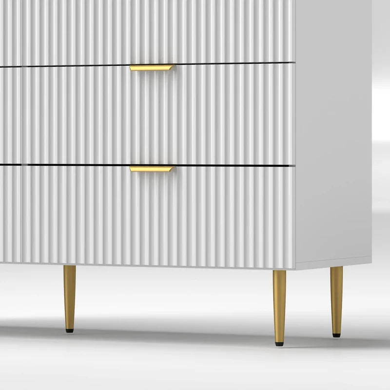 Modern 6 Drawer Dresser, Gold Legs and Handles, White