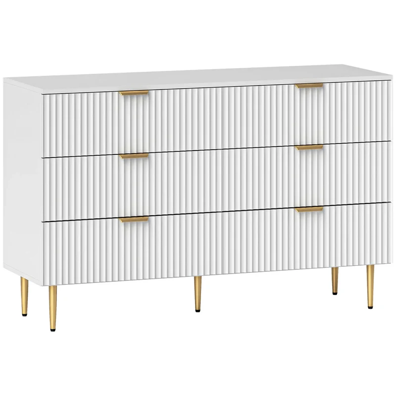 Modern 6 Drawer Dresser, Gold Legs and Handles, White