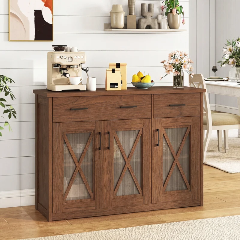 Farmhouse Buffet Sideboard, 3-Door Kitchen Storage Cabinet, 2 Drawers, Brown